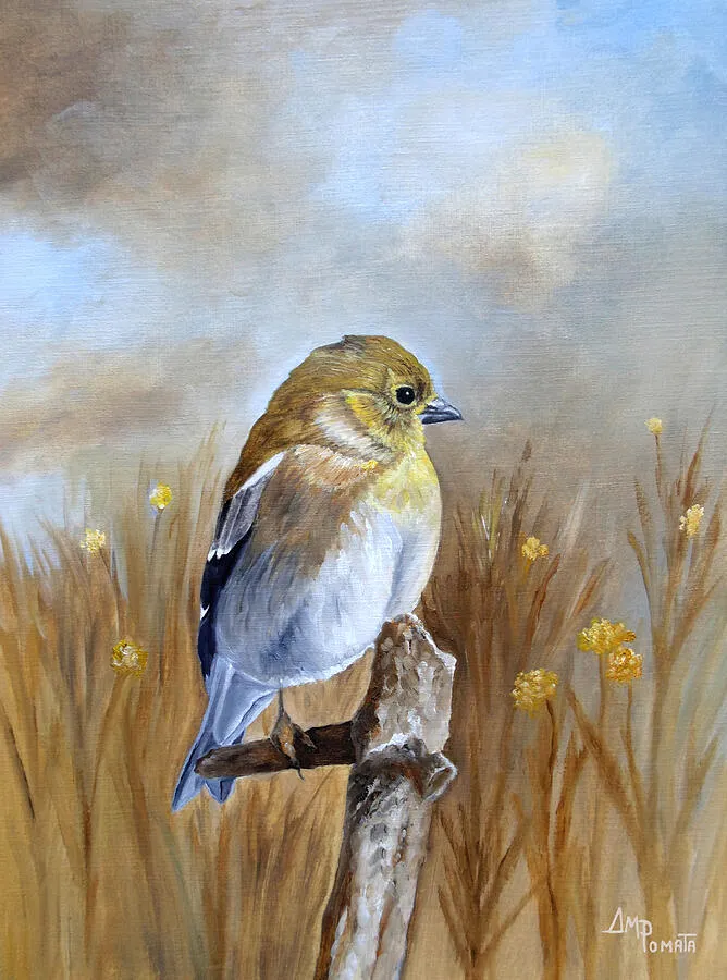 American Goldfinch In The Fall Light, original bird oil painting by Angeles M Pomata