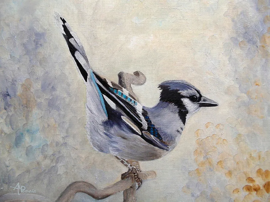 Attitude Derriere Blue Jay, original bird oil painting by Angeles M Pomata