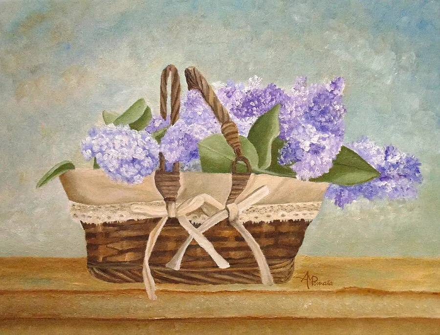 Basket Of Lilacs, original floral oil painting by Angeles M Pomata