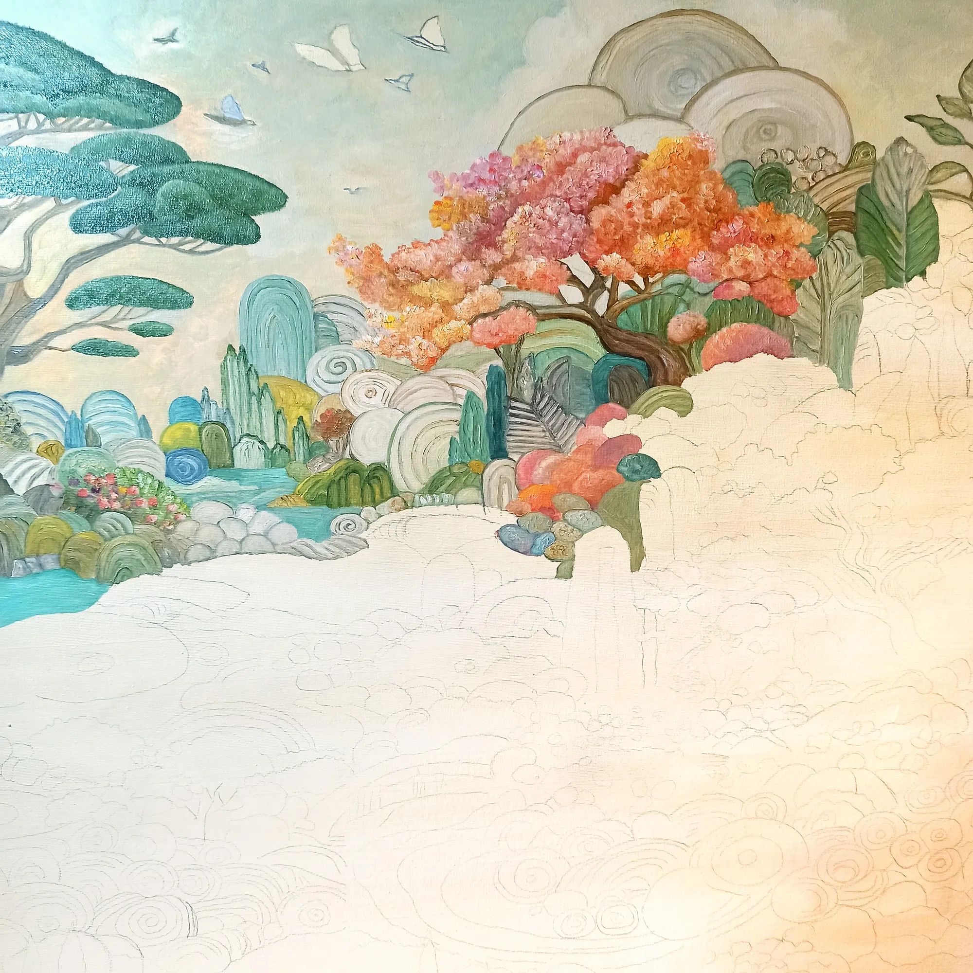 Big Calm: First areas of colour over the drawing