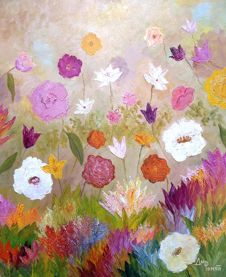 Blossoms In Veil, original floral oil painting by Angeles M Pomata