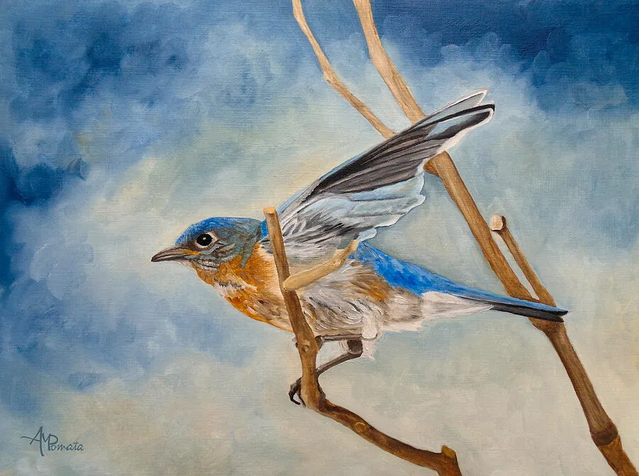 Bluebird, Blue Morning, original bird oil painting by Angeles M Pomata