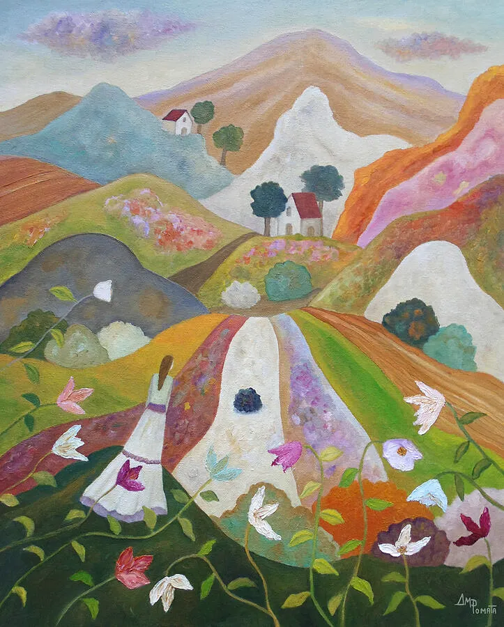 Brave New Spring, original landscape oil painting by Angeles M Pomata