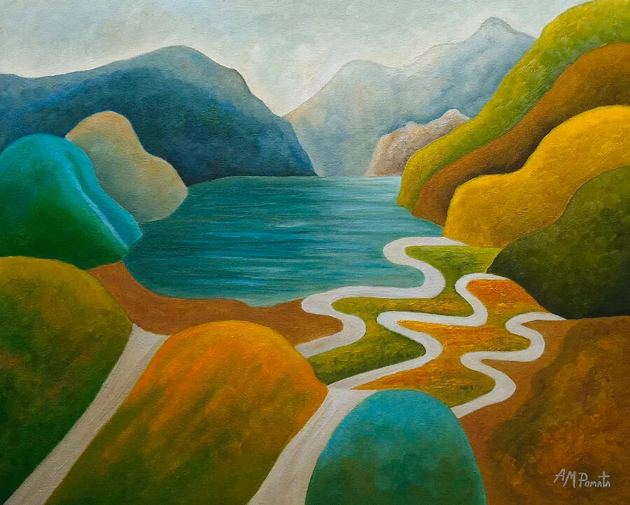 Echoes In The Blue Pond, original landscape oil painting by Angeles M Pomata