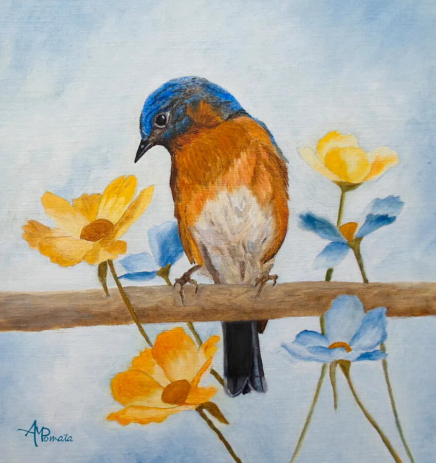 Flower Peeping Eastern Bluebird, original bird oil painting by Angeles M Pomata