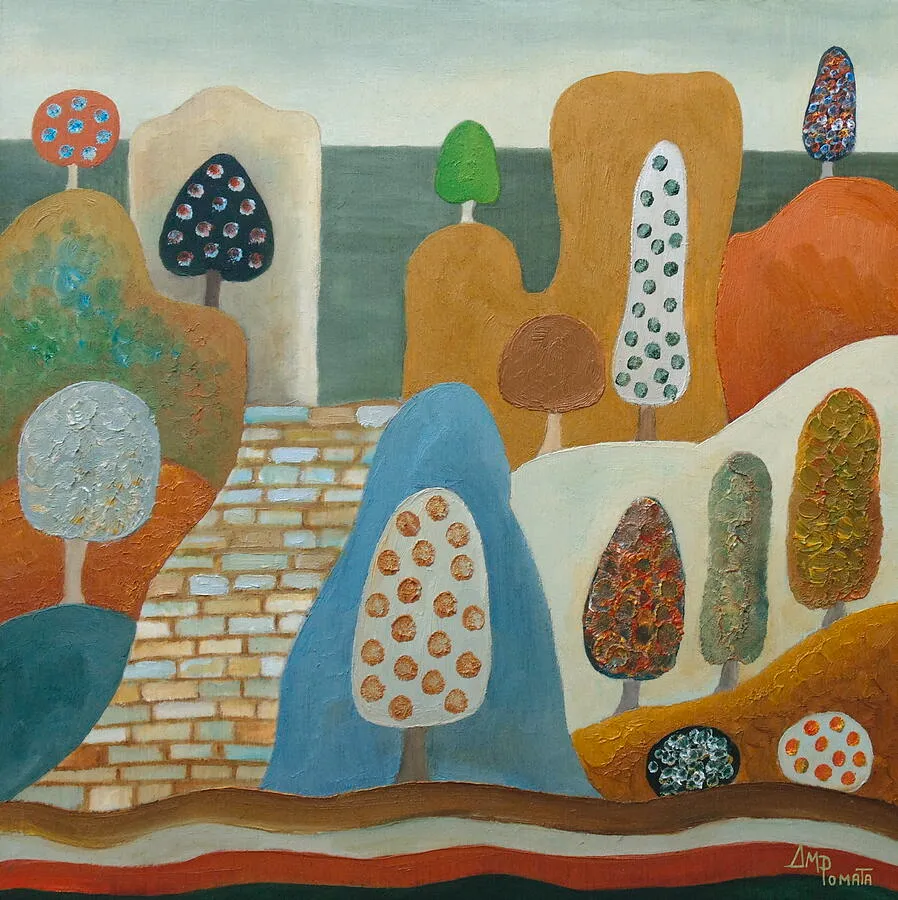Follow The Brick Road, original landscape oil painting by Angeles M Pomata