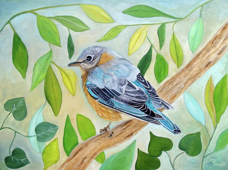 In The Shade Of Leaves, original bird oil painting by Angeles M Pomata