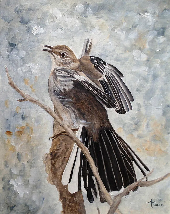 Mockingbird Grandeur, original bird oil painting by Angeles M Pomata