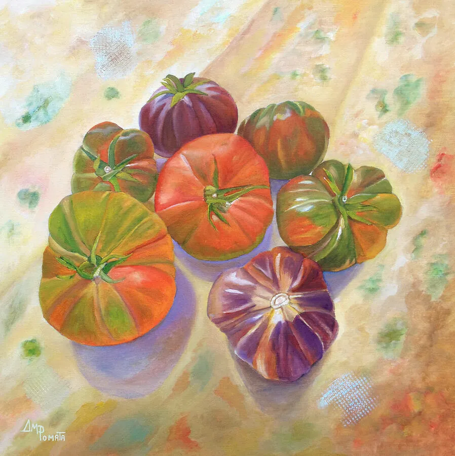 Orchard Tomatoes, original still life oil painting by Angeles M Pomata