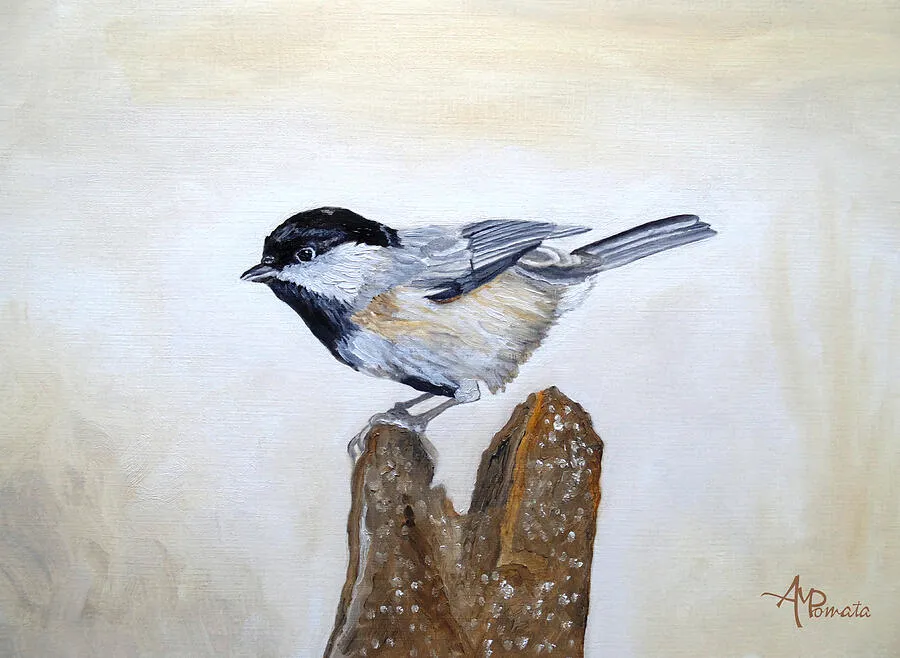Pale Gold Chickadee, original bird oil painting by Angeles M Pomata