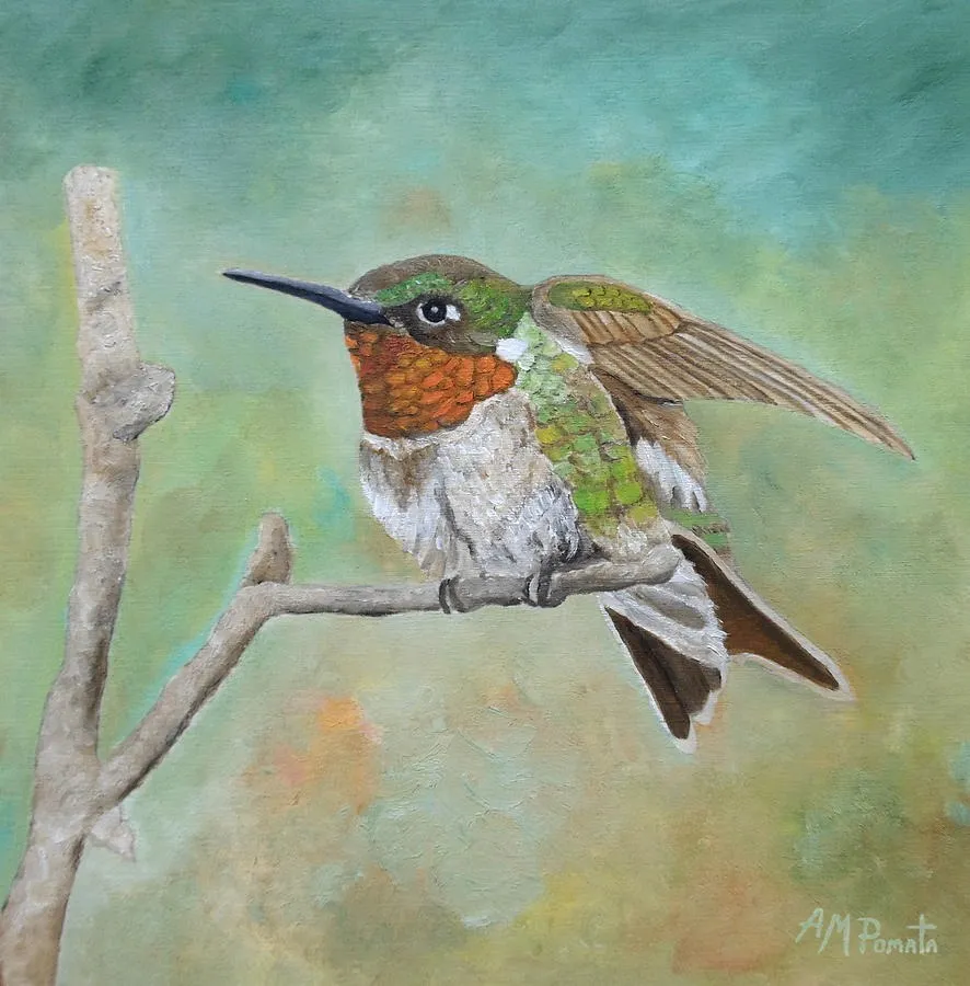 Perched In Place, original bird oil painting by Angeles M Pomata