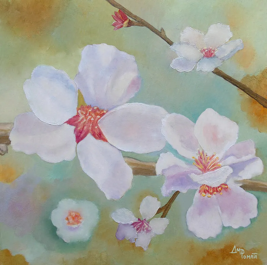 Almond Blossoms II, original floral oil painting by Angeles M Pomata