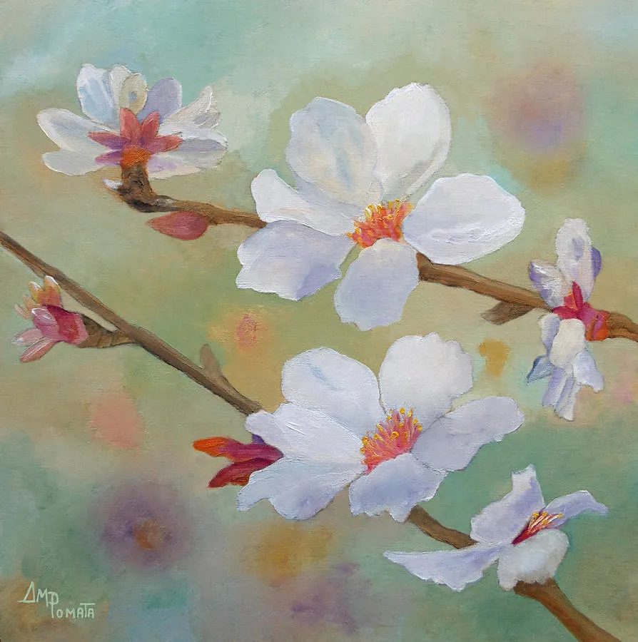 Almond Blossoms III, original floral oil painting by Angeles M Pomata