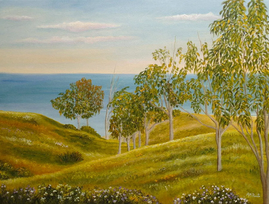 Beachhead Of Eucalyptuses, original seascape oil painting by Angeles M Pomata