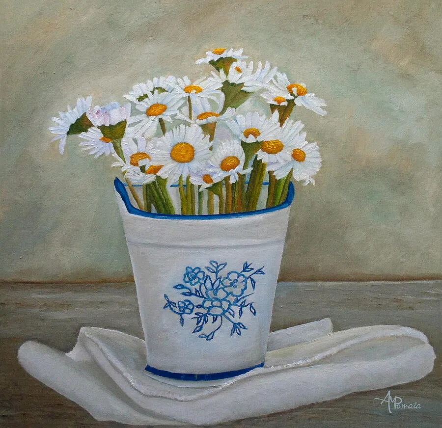 Daisies And Porcelain, original still life oil painting by Angeles M Pomata