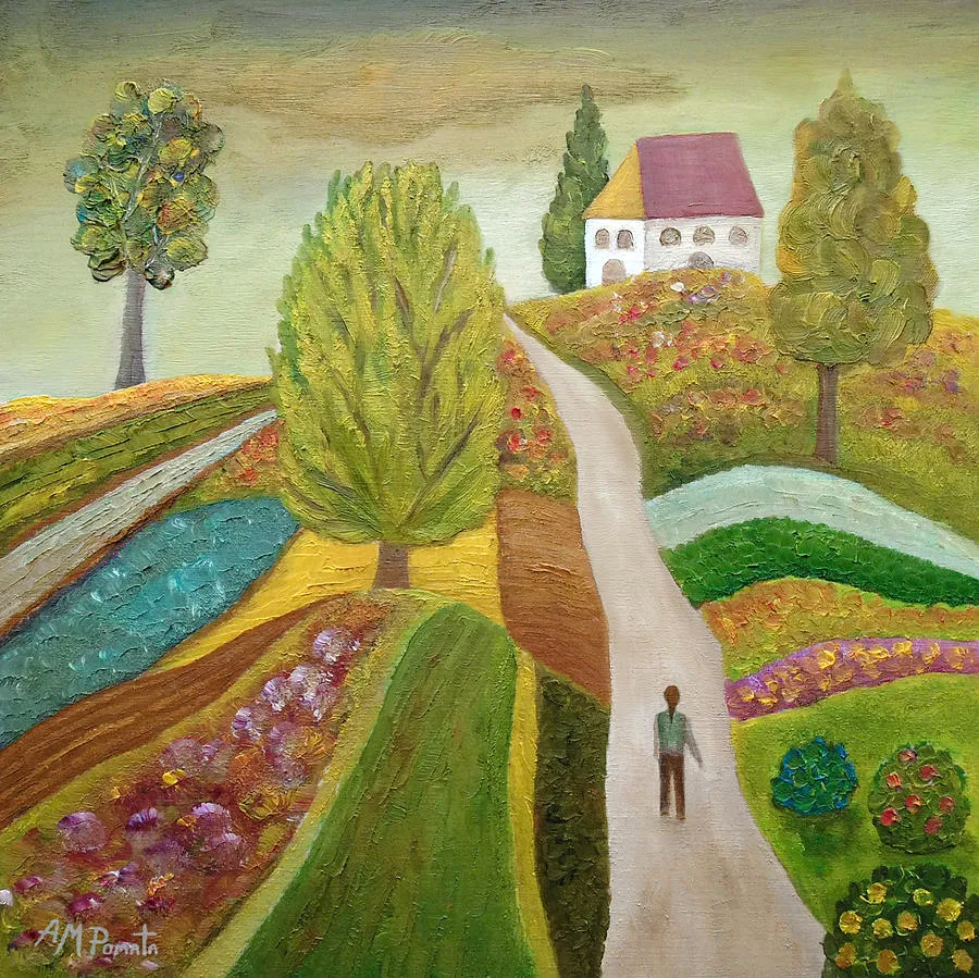 Dusk Walking Girl, original landscape oil painting by Angeles M Pomata