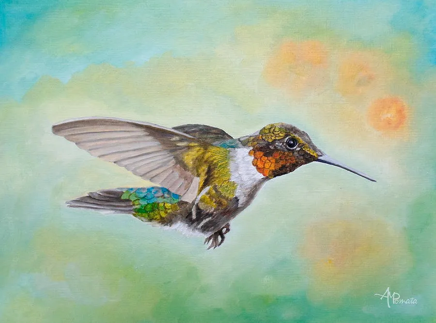 Motley Flying Hummer, original bird oil painting by Angeles M Pomata