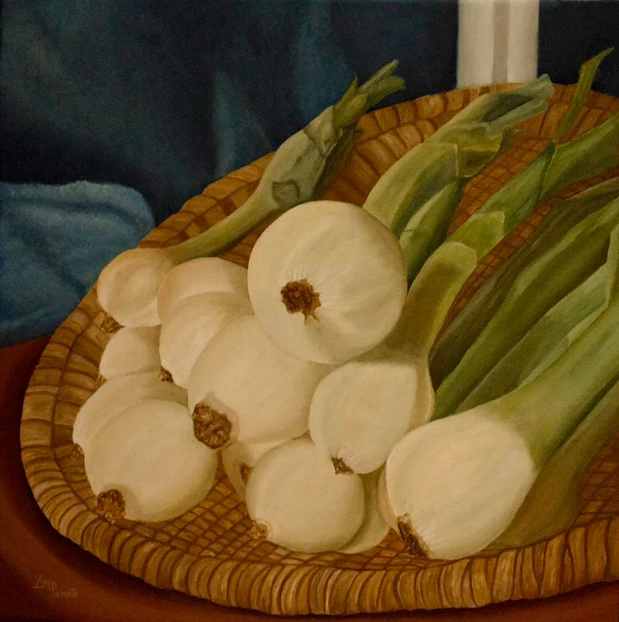 Onions, original still life oil painting by Angeles M Pomata