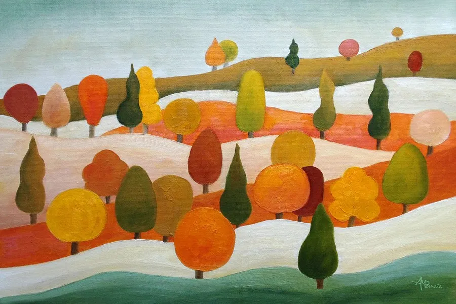Pecking Up Good Vibrations, original landscape oil painting by Angeles M Pomata