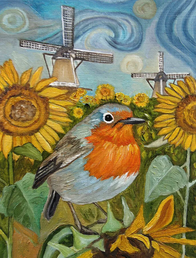 Robin Among Sunflowers, original bird oil painting by Angeles M Pomata