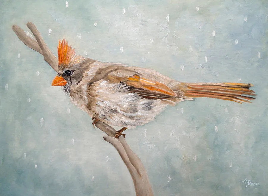 Snow Flurry, original bird oil painting by Angeles M Pomata