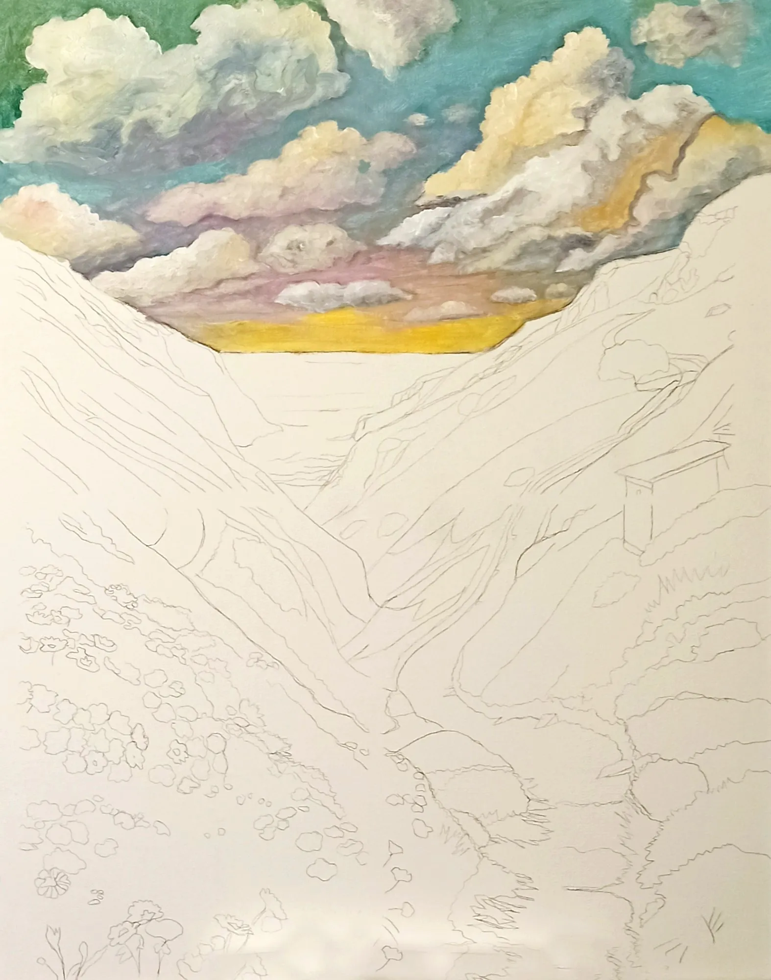 Rush Of Spring in progress: the sky over the pencil drawing