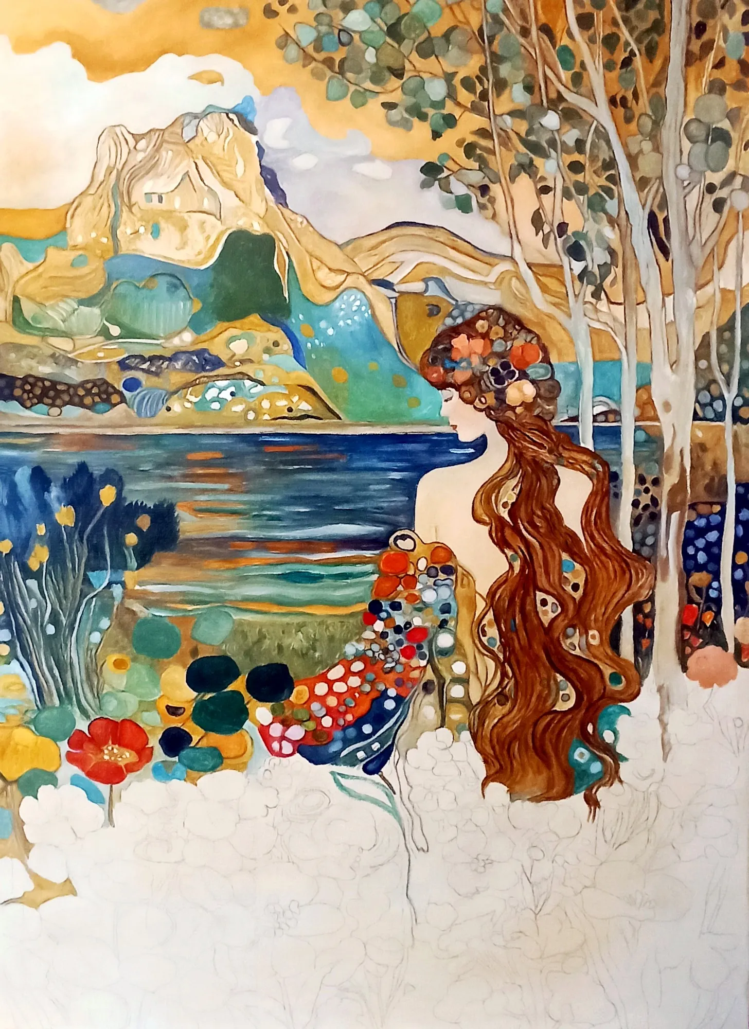 A painting in progress on the easel, in her studio