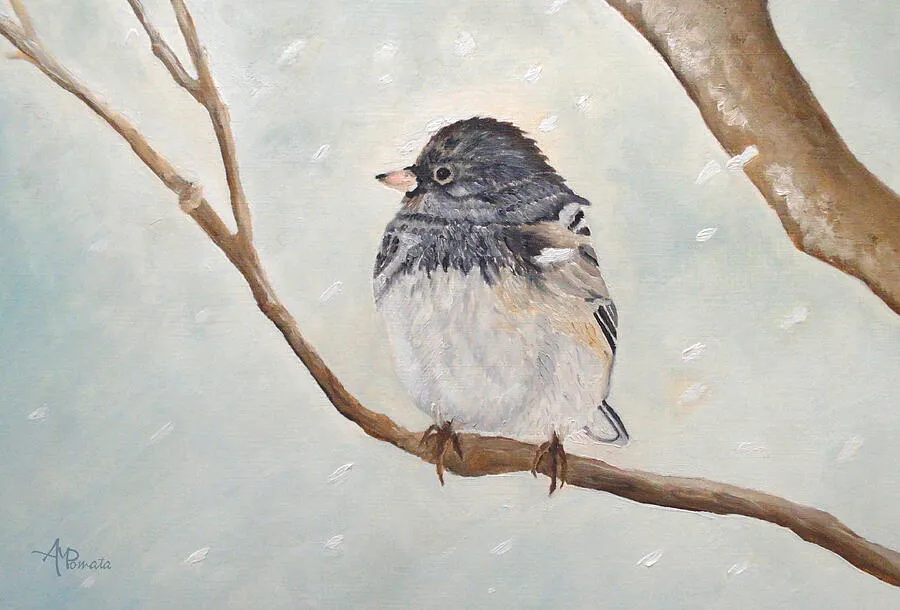 Snowbird In The Blizzard, original landscape oil painting by Angeles M Pomata