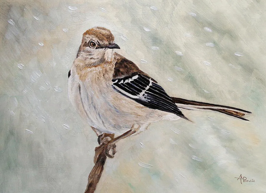 Snowfall Mockingbird, original bird oil painting by Angeles M Pomata