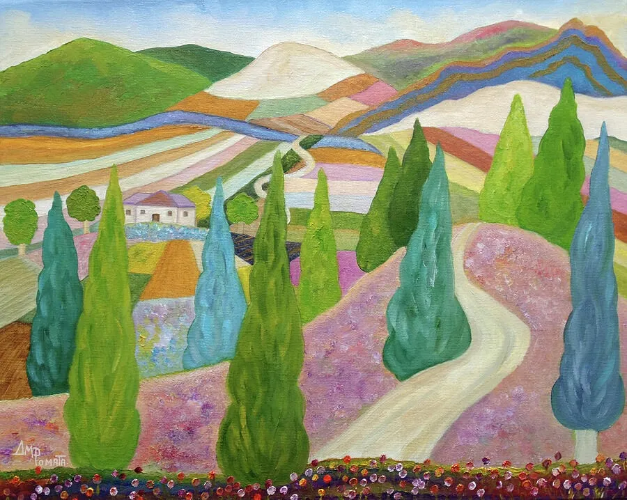 Spruces And Lavender Blues, original landscape oil painting by Angeles M Pomata