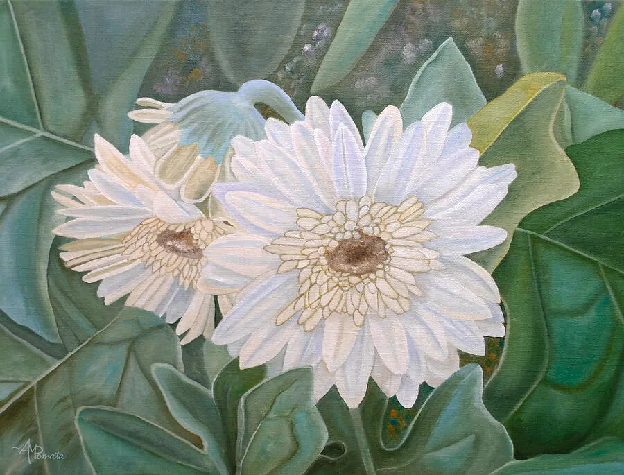 White Gerbera, original floral oil painting by Angeles M Pomata