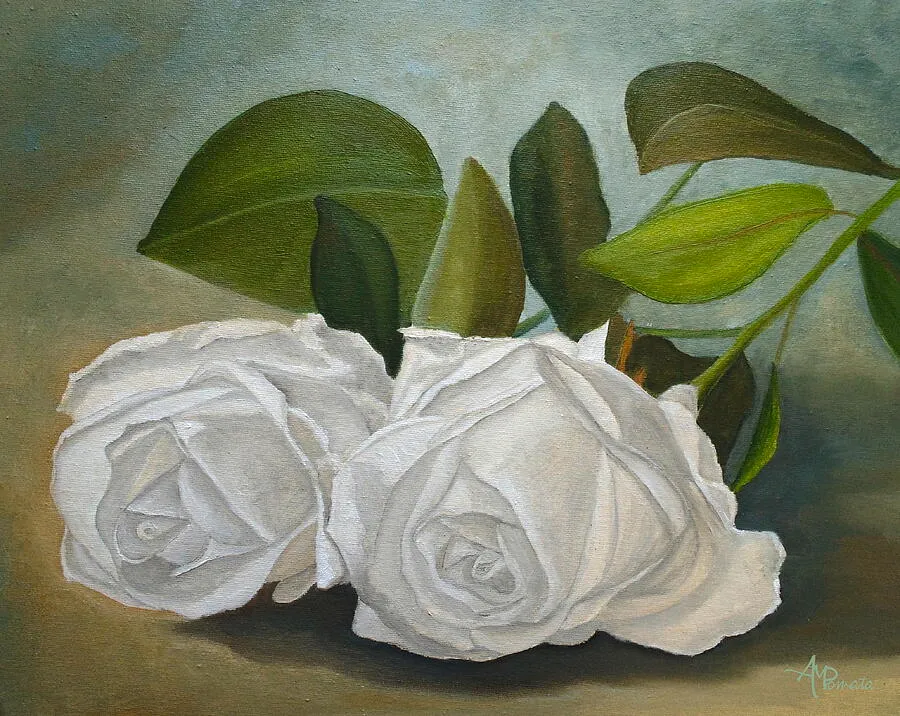 White Roses, original floral oil painting by Angeles M Pomata